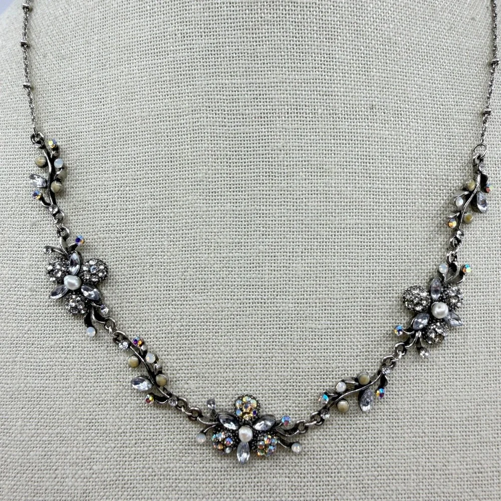 Gunmetal Floral Rhinestone Faux Pearl Necklace Cottagecore Statement Jewelry